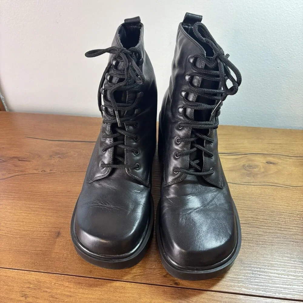 8 Vtg 90s Y2K Mister Black Leather Chunky Grunge Goth Platform Combat Boots